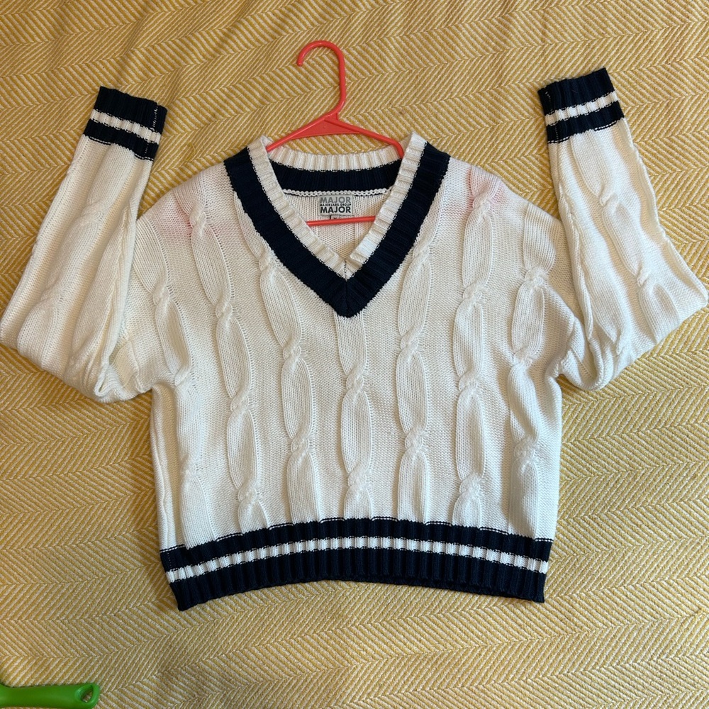 Natori White and Navy V-Neck Sweater with Striped Trim